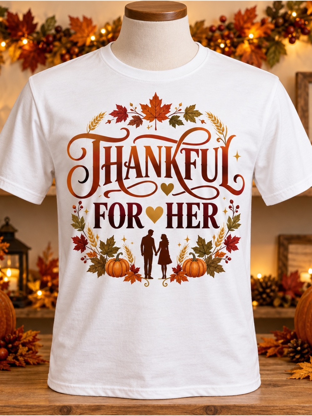 Gildan White Women's Tee - Autumn 'Thankful For Her' Graphic